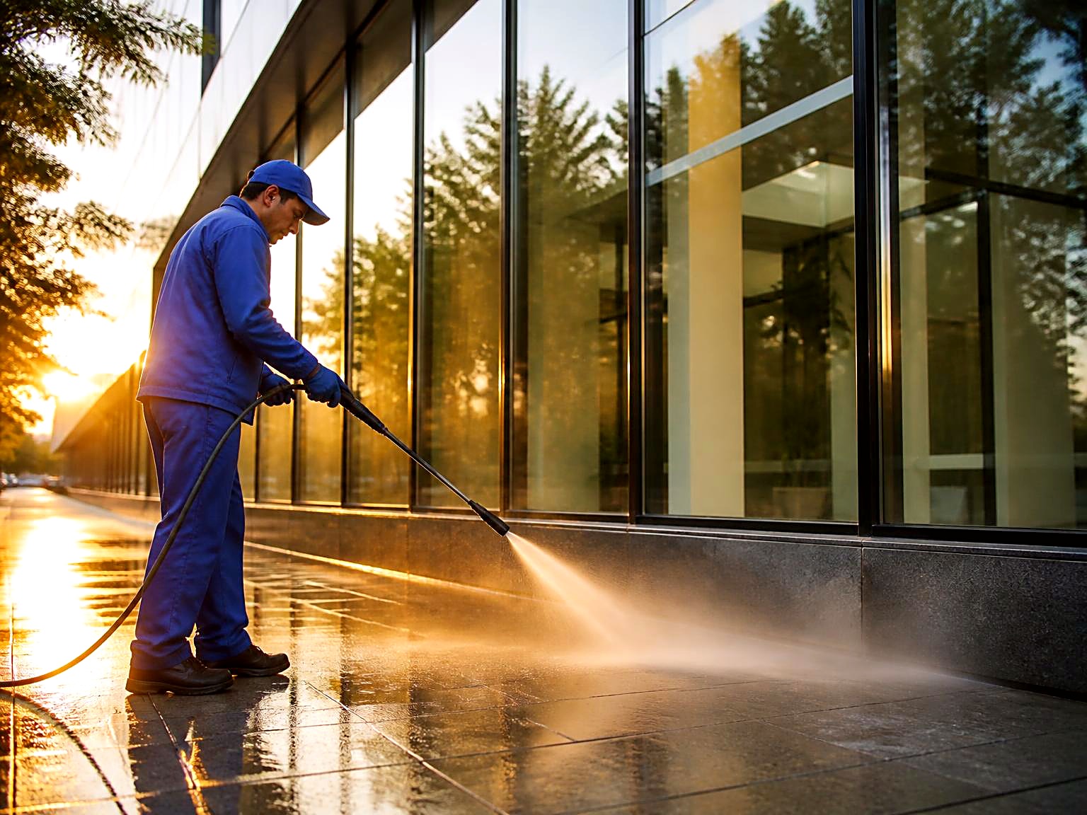 Crew member pressure washing the entry walkway of a modern commercial glass building at sunrise