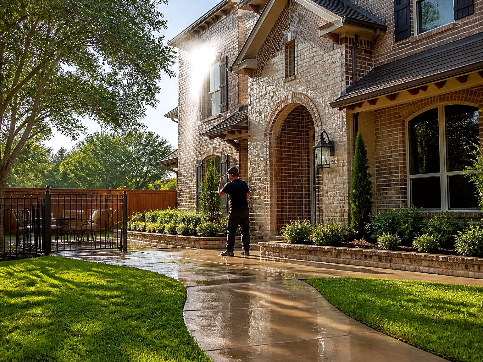 Technician washing the brick and stone exterior of a two-story Texas home with a clean wet walkway