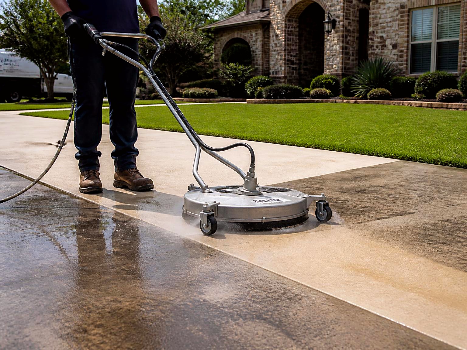 Surface cleaner machine restoring a stained concrete driveway to an even, clean finish