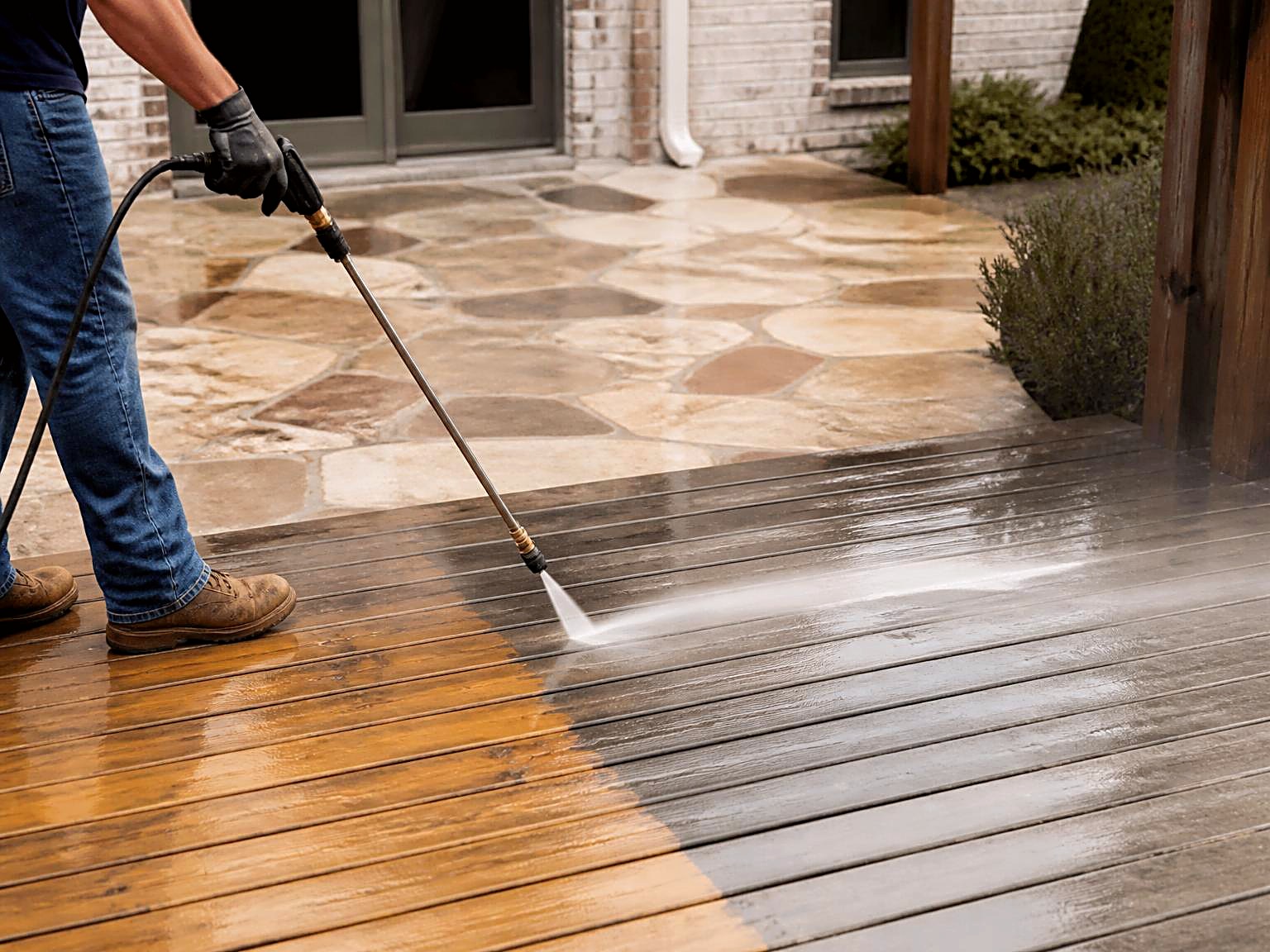 Technician pressure washing a weathered wood deck, revealing a clean stripe next to gray grime
