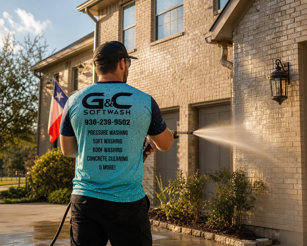 G&C Softwash technician soft washing a stone exterior wall in Texas