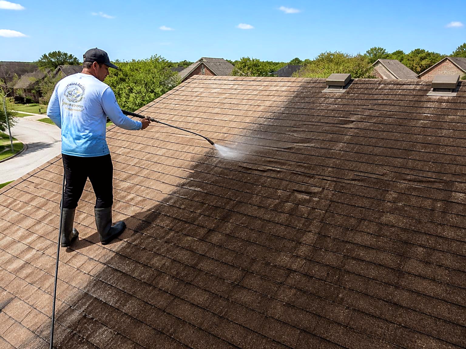Technician soft washing black algae streaks off an asphalt shingle roof in a Texas neighborhood