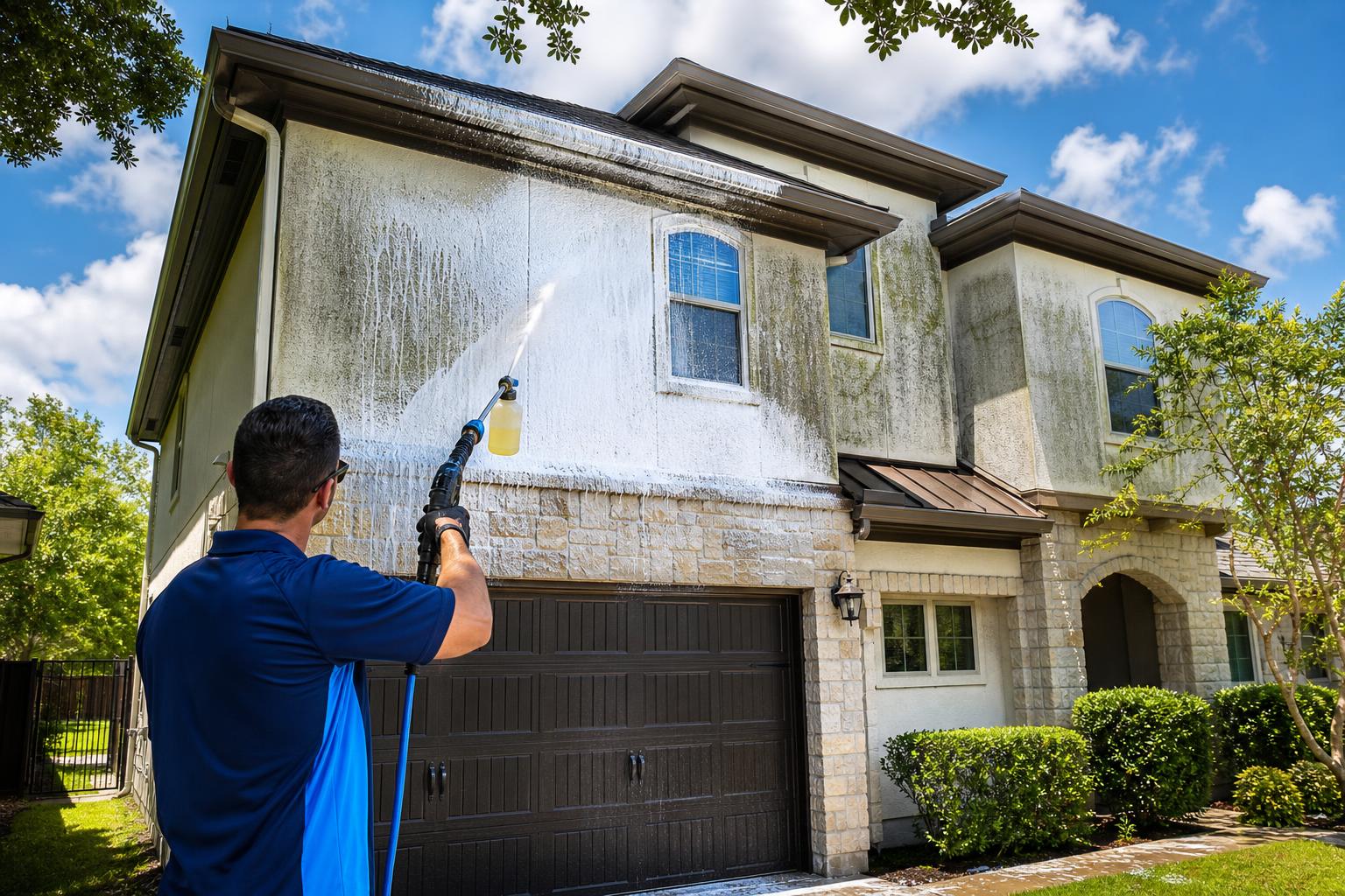 G&C Softwash technician soft washing algae off a stucco and stone Houston home with low-pressure foam