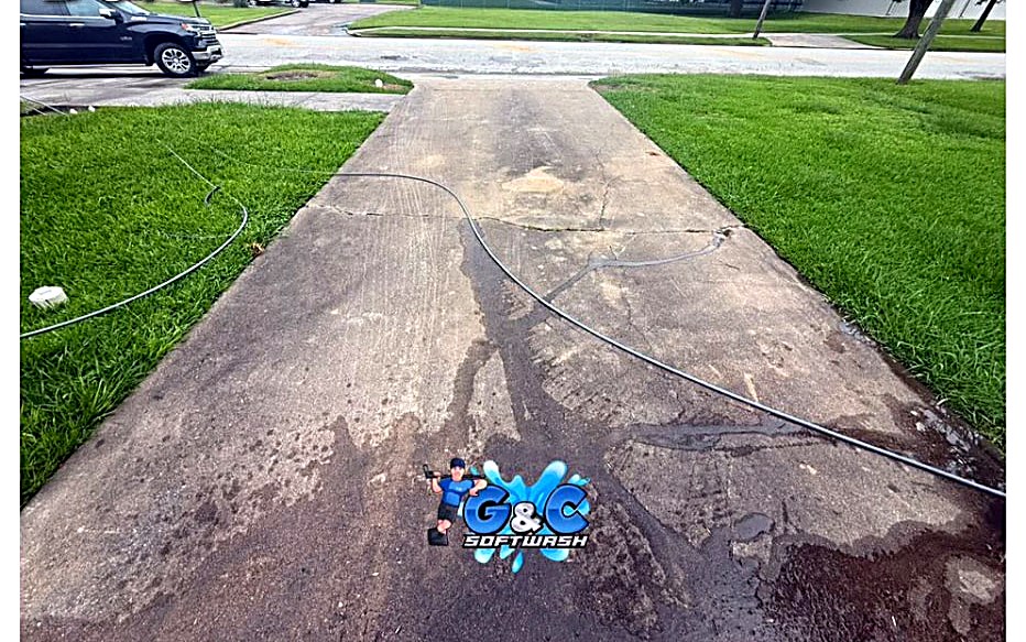 Dark, algae-covered commercial concrete walkway before cleaning